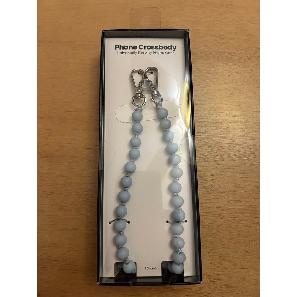 New Hello Lux Wood Bead Cell Phone Crossbody Strap Universal Light Blue